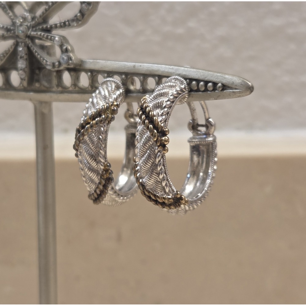 Judith Ripka Sterling Silver Two-Tone Cable Wrap Hoop Omega Back Post Earrings